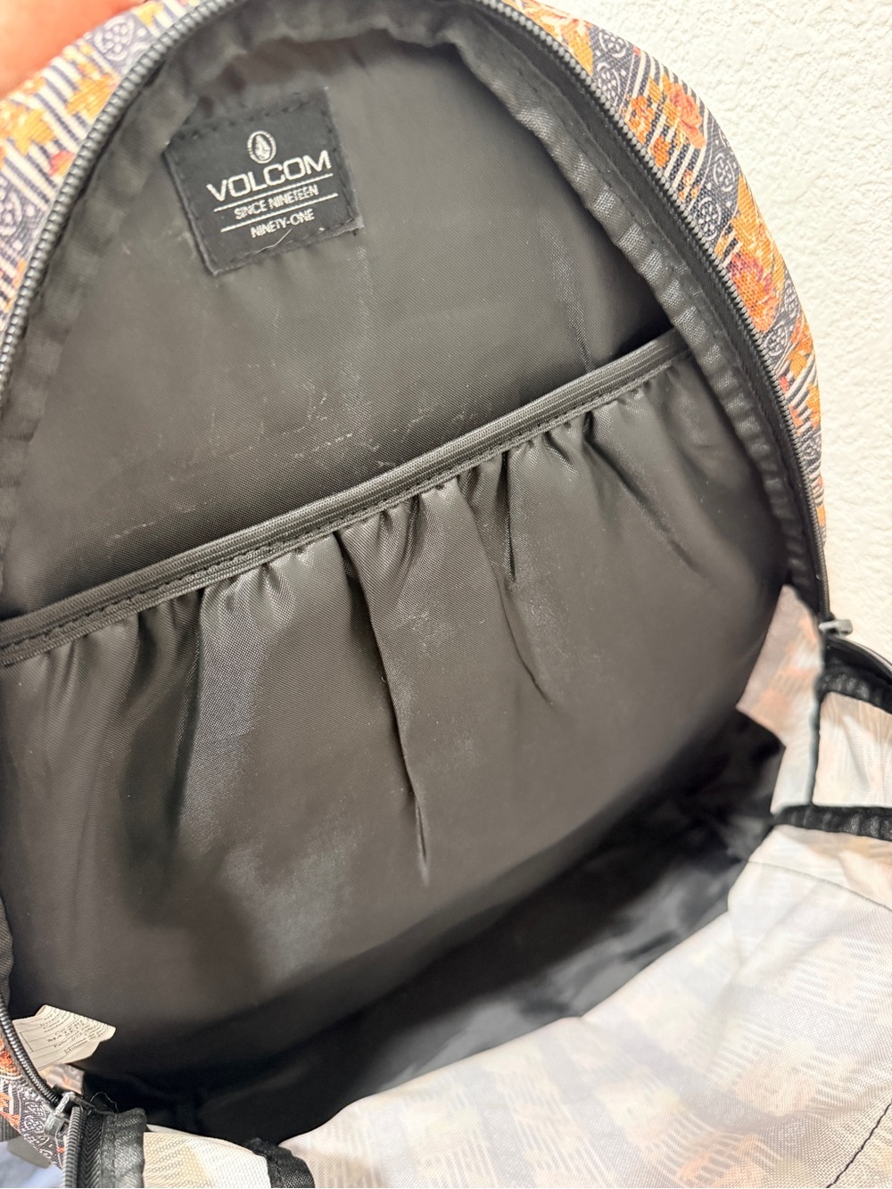 Volcom Black Floral Stripe Backpack with Orange Flowered Accents - Picture 5 of 8